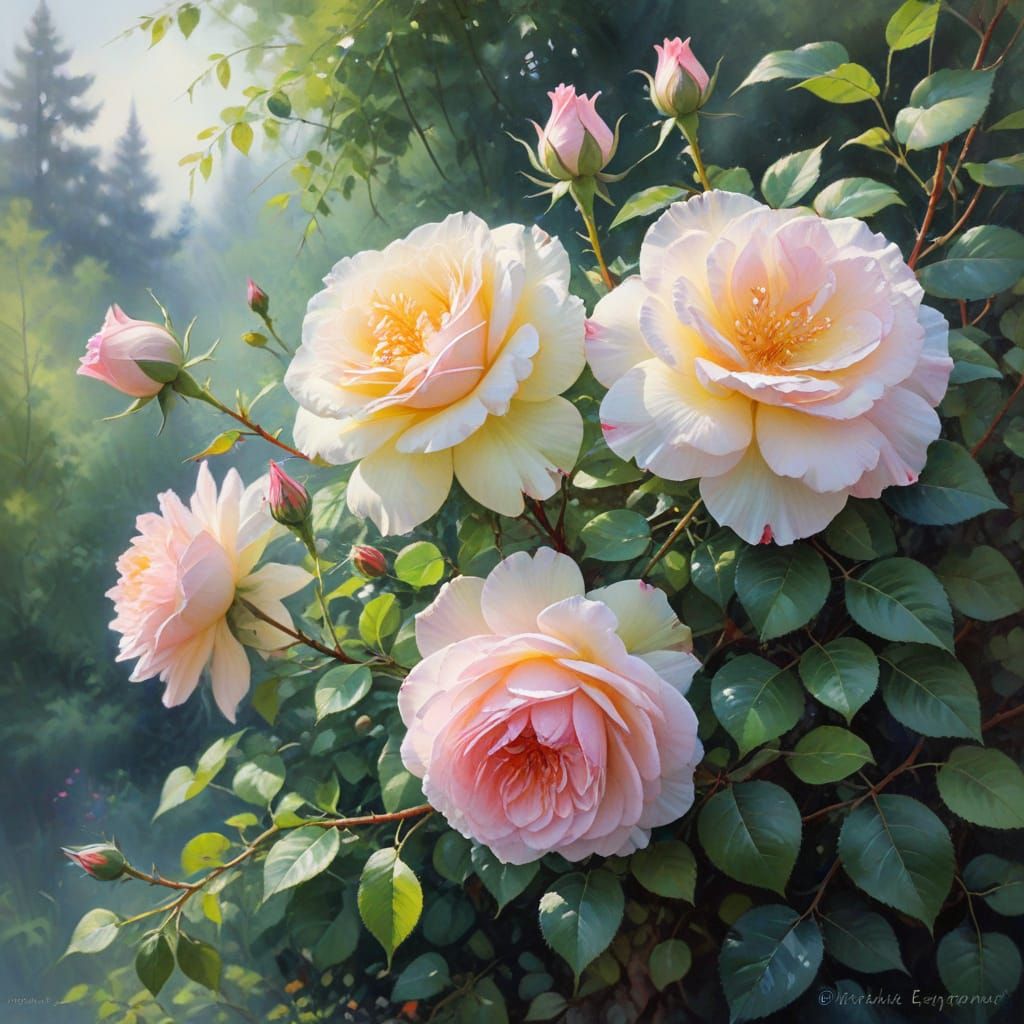 Lush Rose Bush Watercolor Painting in Razumov Style