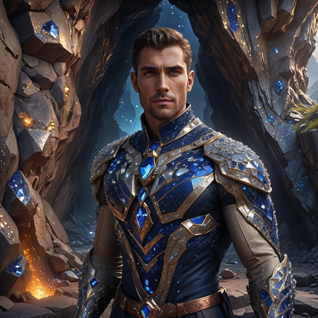 Diamond-Skinned Man with Sapphire Eyes in Star Cave