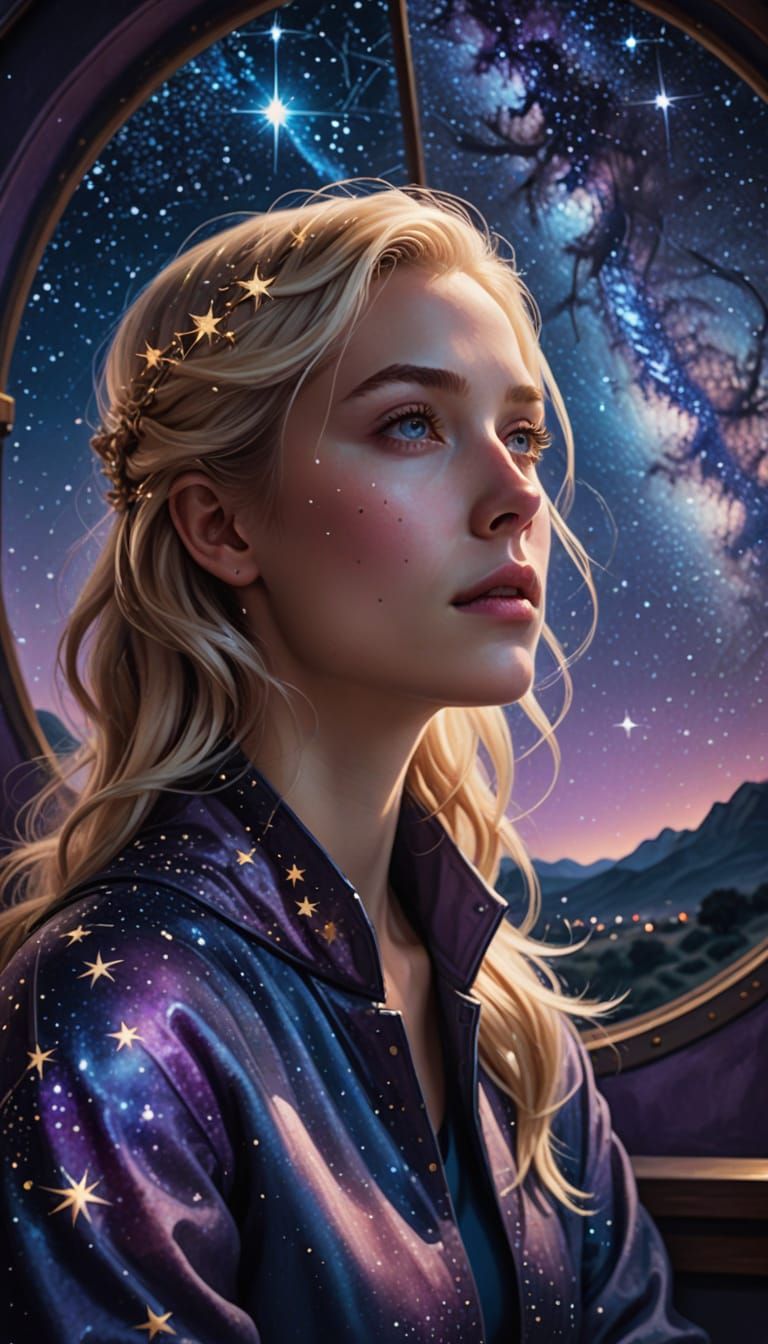 Blonde Woman in Starry Observatory: Surreal Digital Art