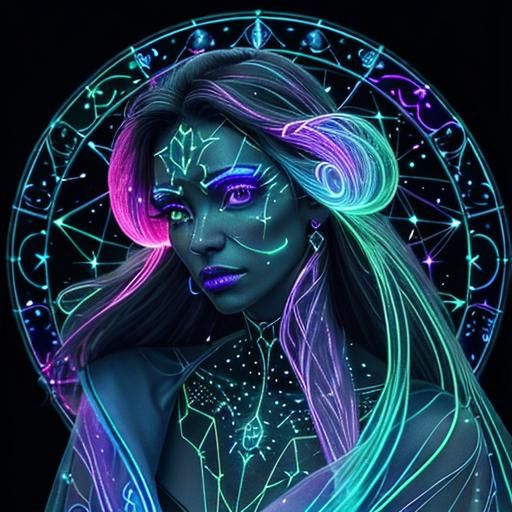 Glowing Bioluminescent Human Figure with Astrological Symbol...