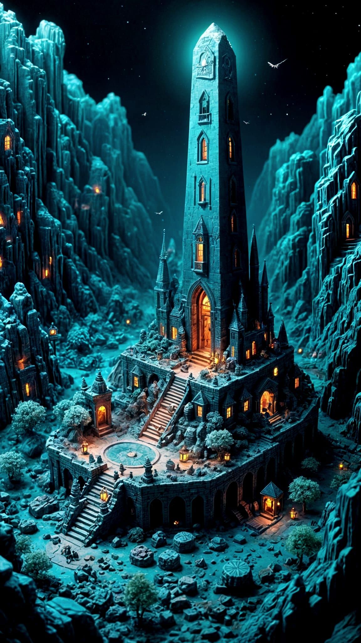 Eldritch Obelisk Monument in Surreal Diorama Style