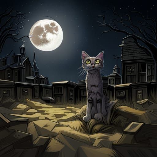Sinister Zombie Kitten in Graveyard by Moonlight