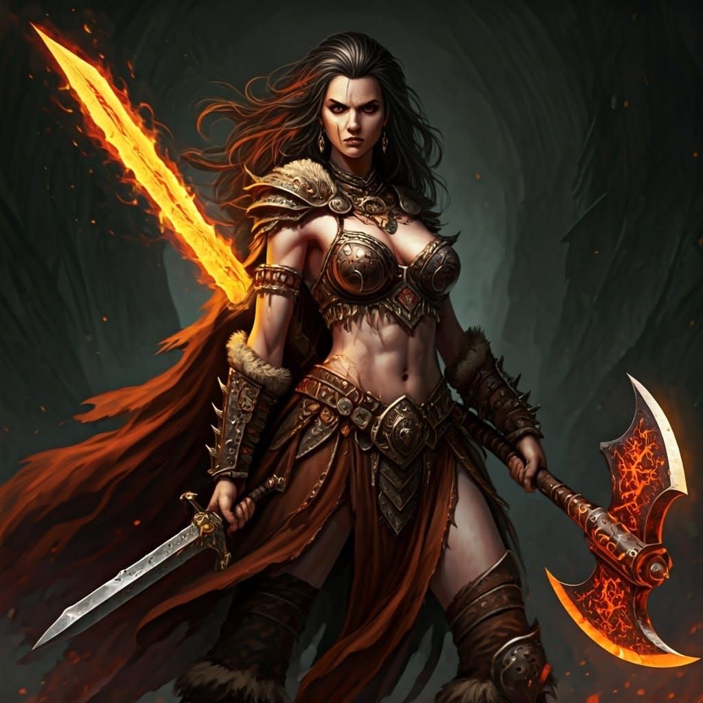 Scarred Barbarian Warrior Wields Fiery Battle Ax and Oceanic...