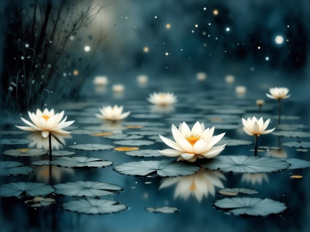 Moonlit Lotus Flowers with Fireflies, in Charcoal Style