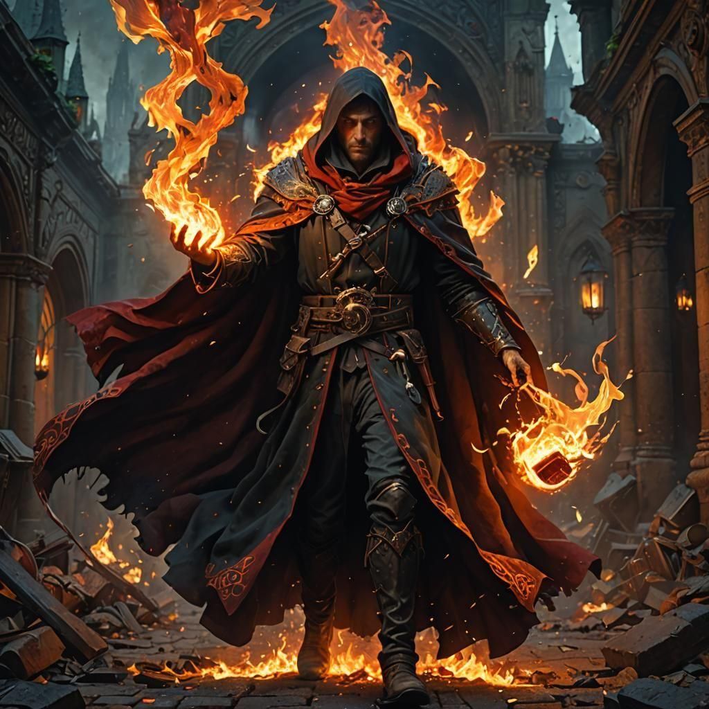 Fire Mage in Tattered Cloak: Dark Fantasy Art