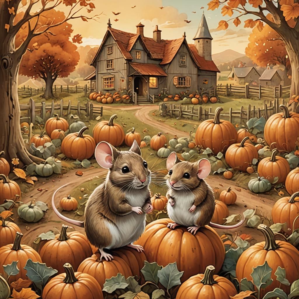 Whimsical Mice Gather on a Pumpkin Patch