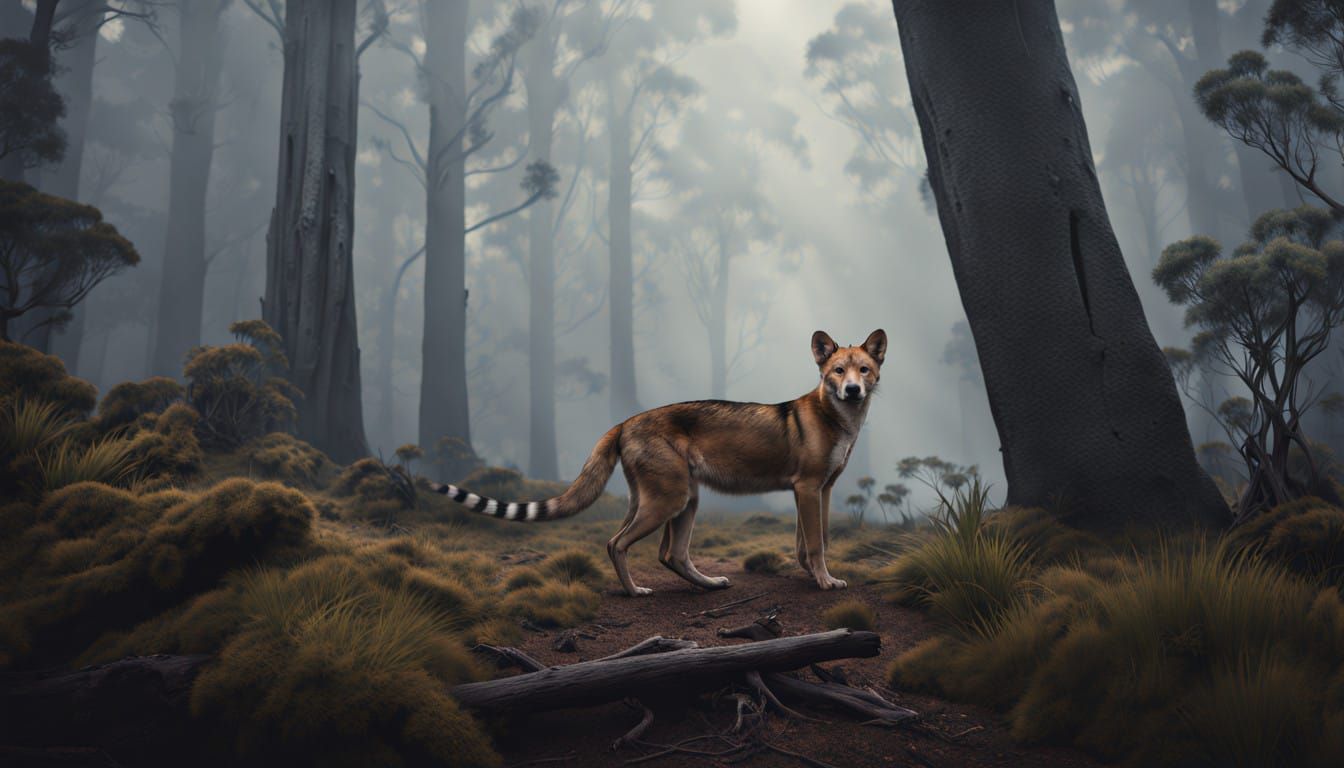 Tasmanian Thylacines Confront a Pack of Dingoes in a Primal...