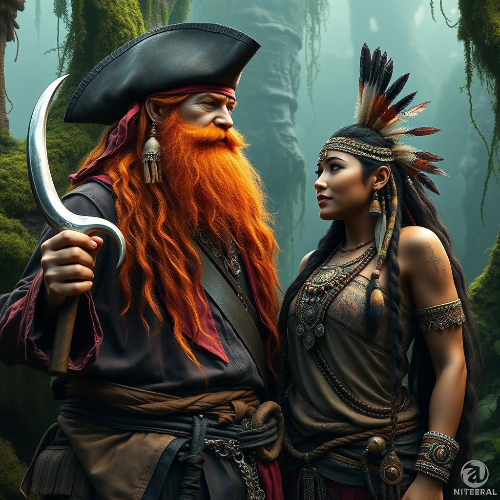 Fantasy Pirate and Tribal Woman in Lush Landscape