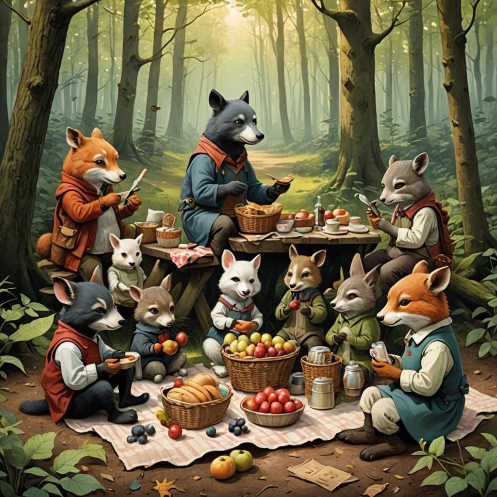 Whimsical Animal Picnic in the Woods Illustration