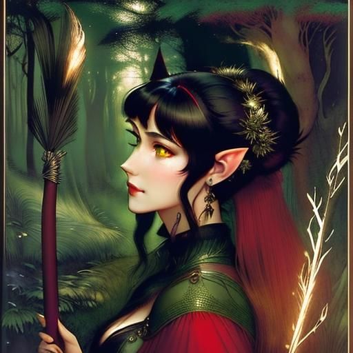 Antlered Woman with Glowing Eyes Holding Broom