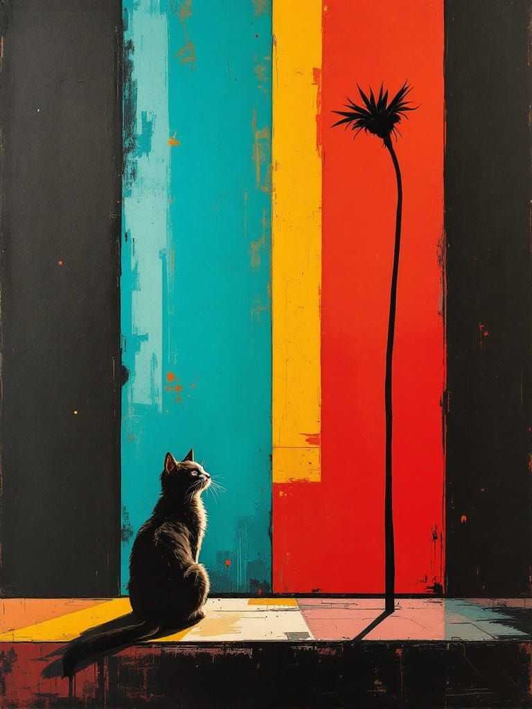 Cat in Geometric Color Field with Noir Atmosphere