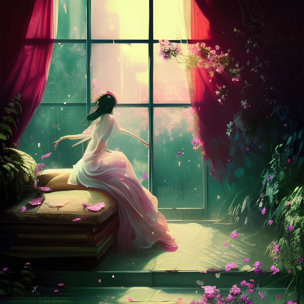 Sunlit Lady with Flowers, Art Nouveau Style
