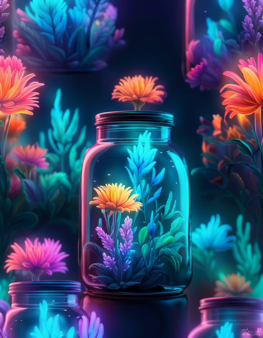 Glowing Neon Flowers in Glass Jar: Bioluminescent Art
