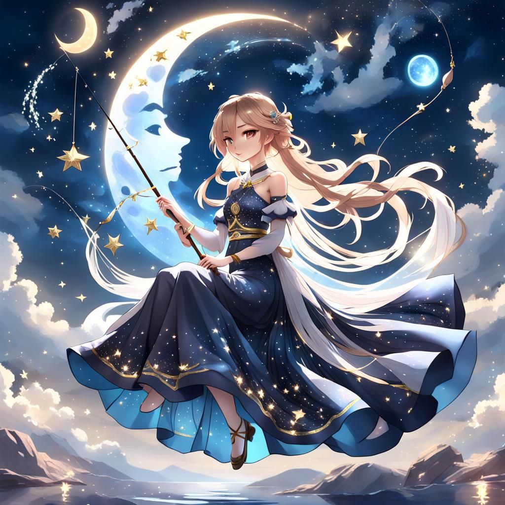 Girl Fishing for Stars on the Moon in Anime Style