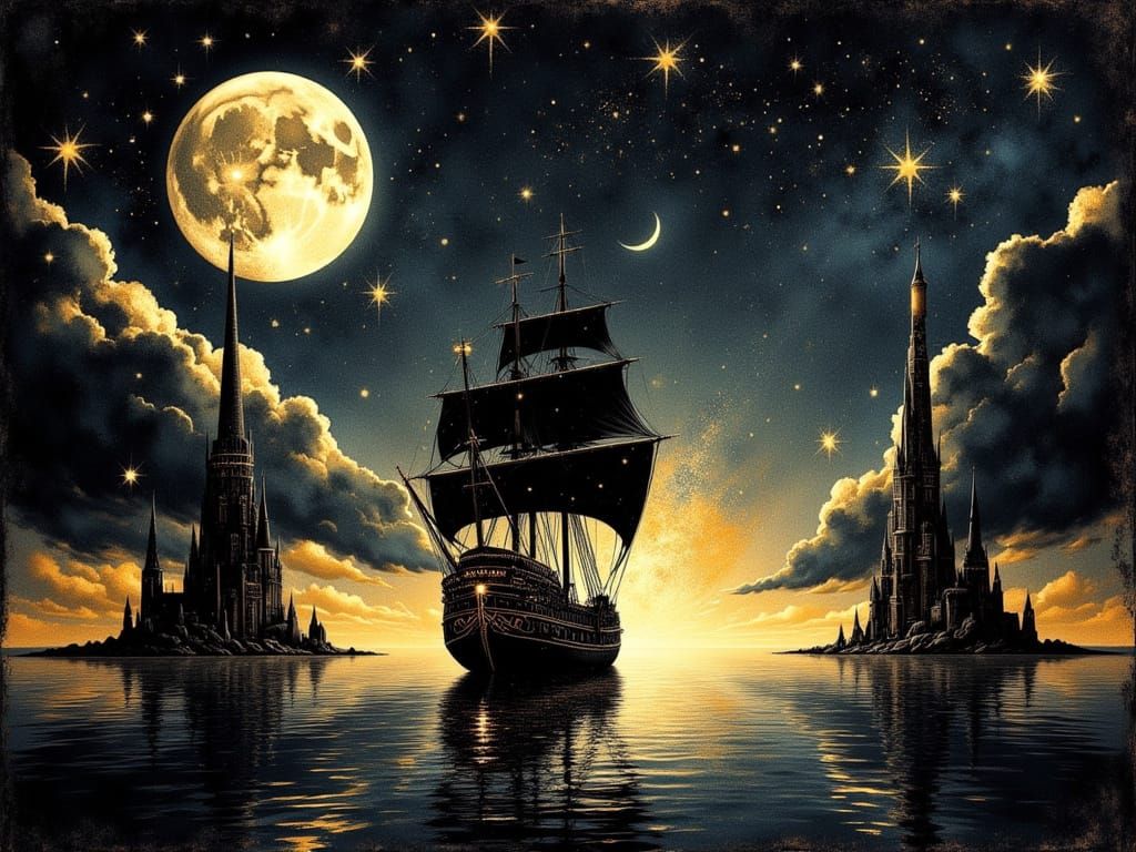 Ethereal Sailing Ship in Moonlit, Mystical Harbor