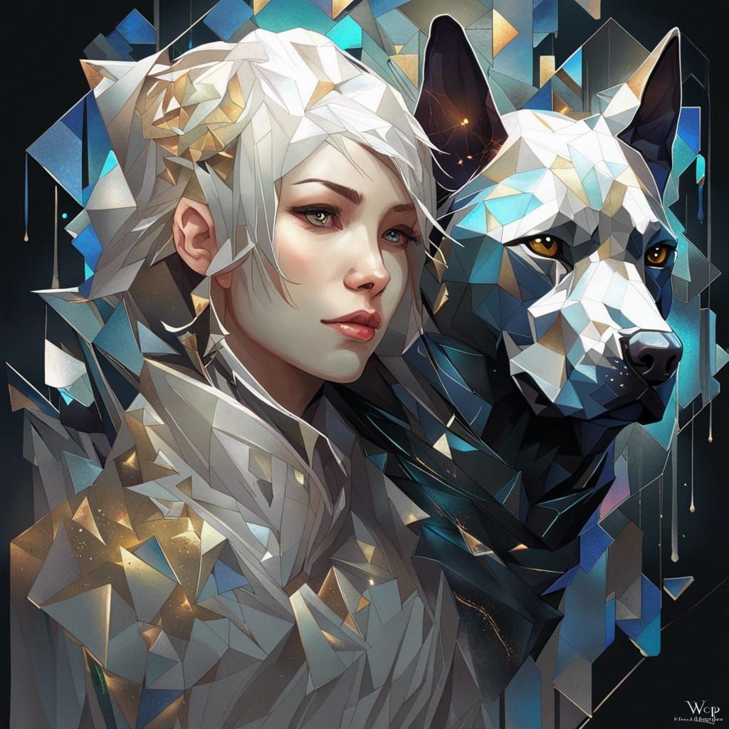 Calligraphic Cat and Dog in Polygon Art Style