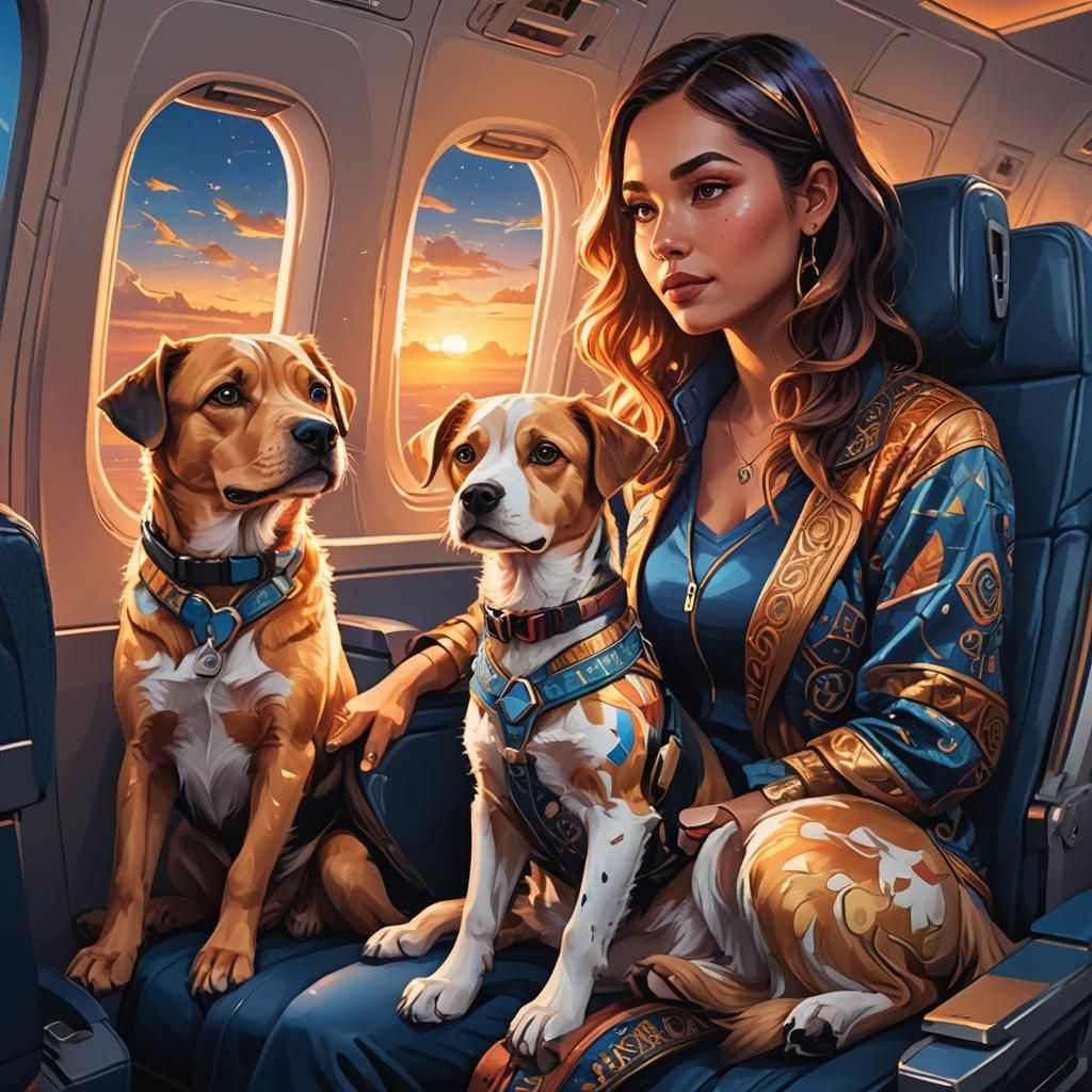 Girl with Dogs on Plane: Whimsical Digital Art