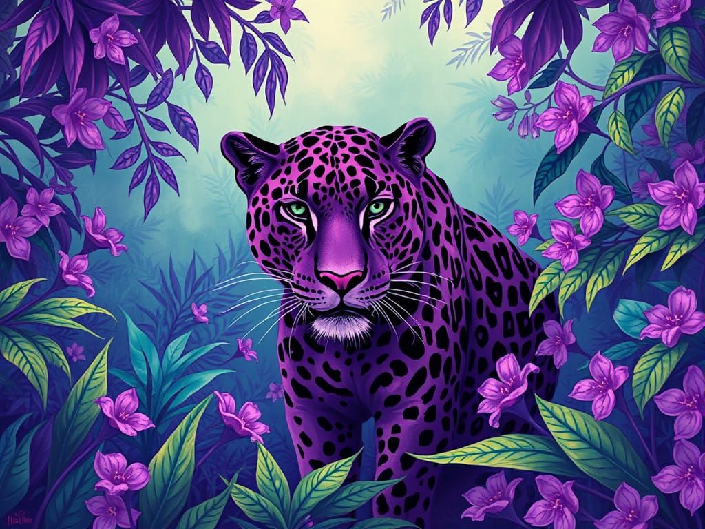 Majestic Purple Jaguar in Vibrant Jungle Landscape