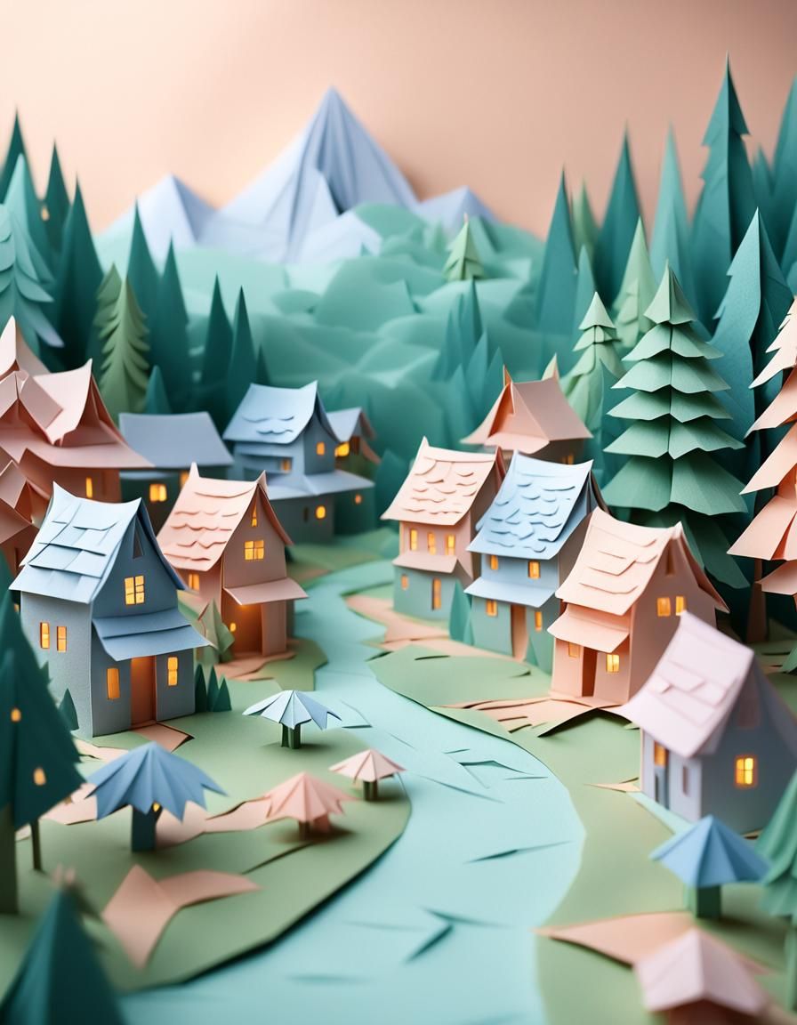 Delicate Kirigami Village in Paper Art Style