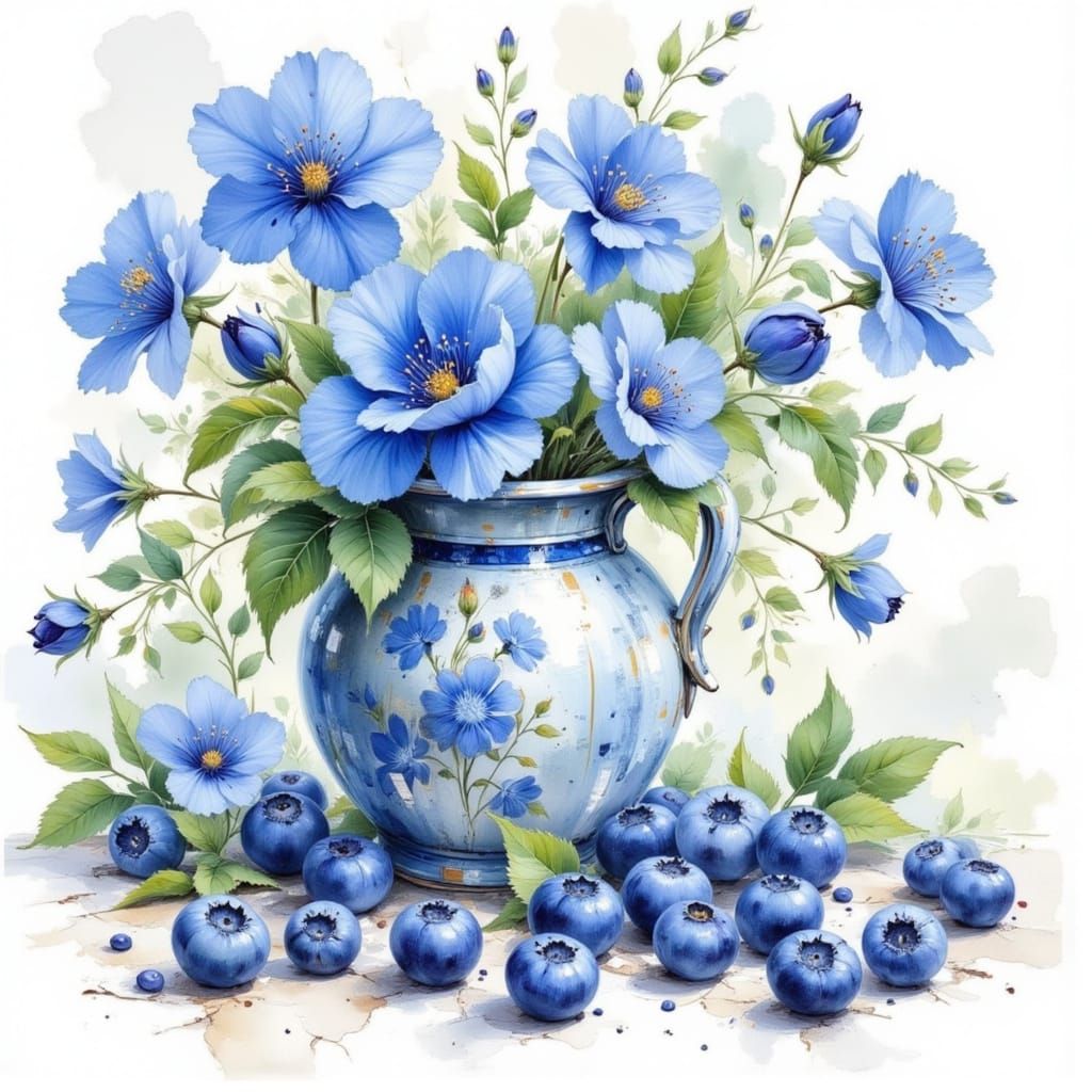 Vibrant Blue Blooms and Blueberries in Watercolor Style