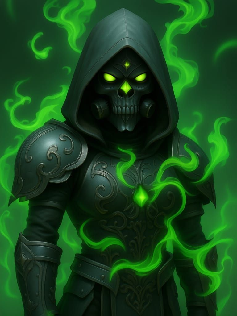 Gothic Armored Woman with Plague Doctor Mask in Green Mist