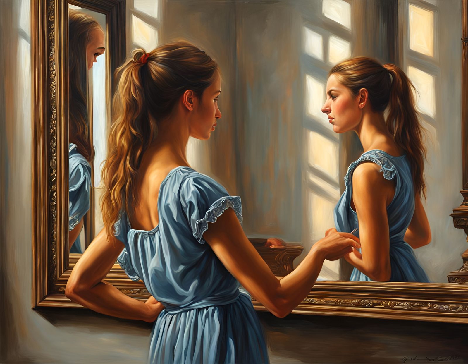 Renaissance Girl and Mirror Reflection