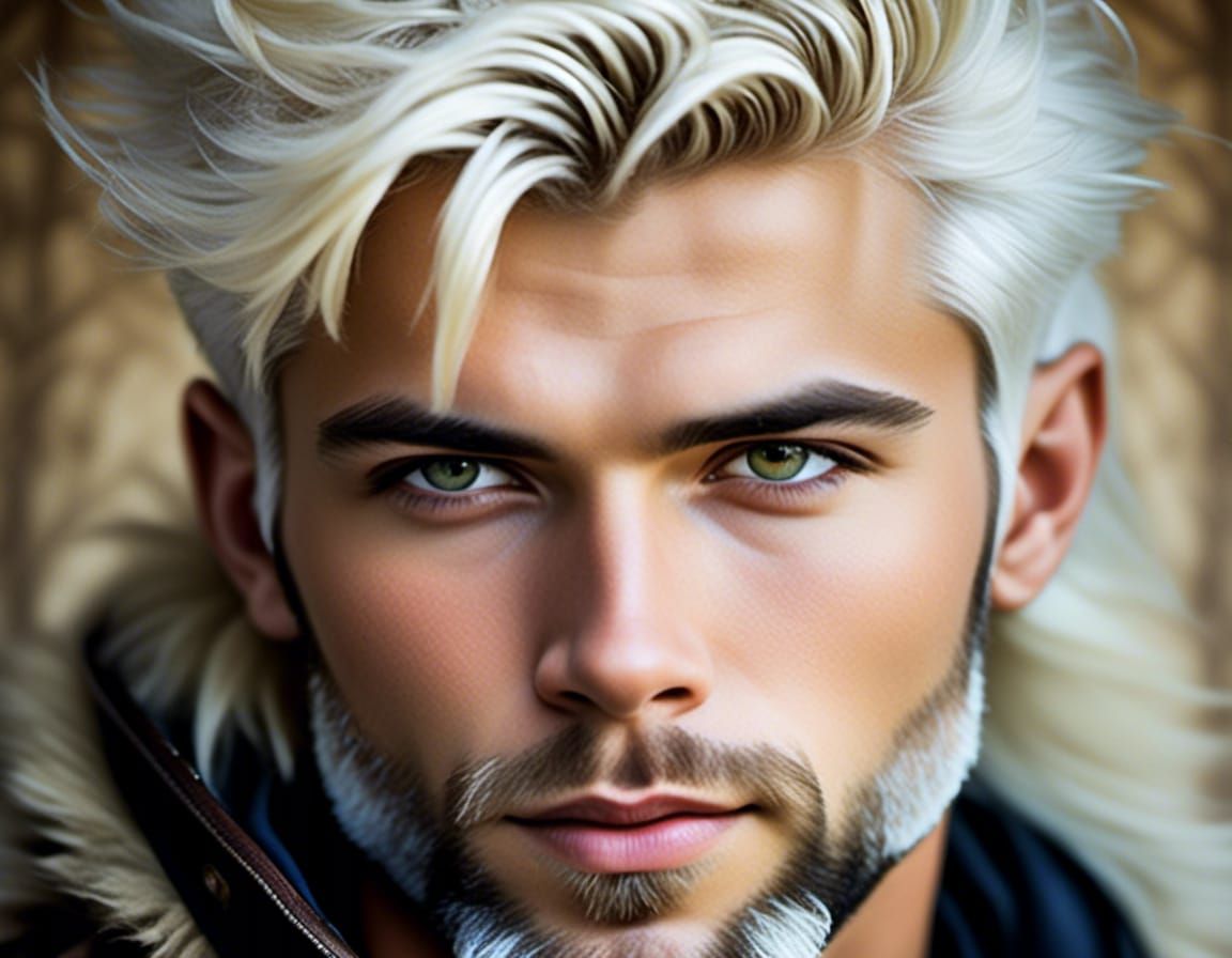 Man with white and grey hair, magic eyes