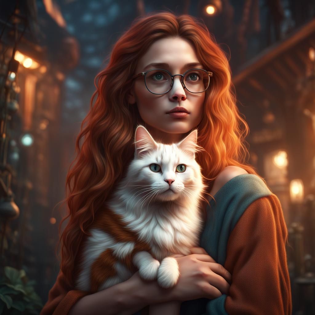 Ethereal Auburn Girl with Cat: Fantasy Art