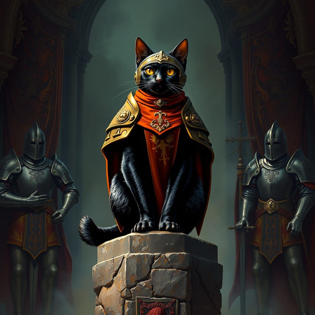 Majestic Black Cat Knight in Armor