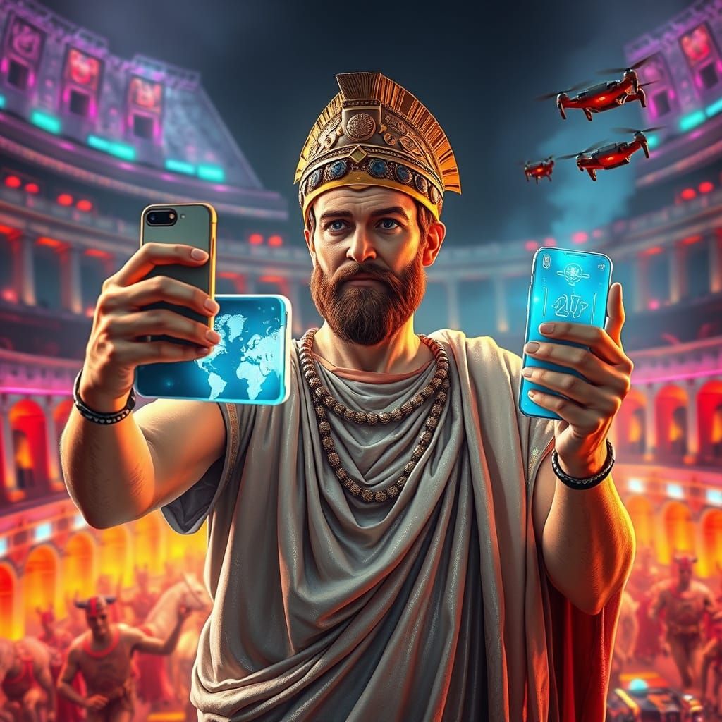 Futuristic Julius Caesar Selfie in Neon Colosseum