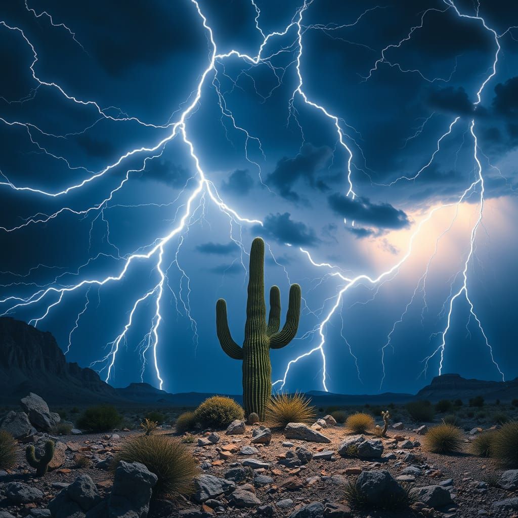 Cactus in Stormy Desert: Surreal Dystopian Landscape
