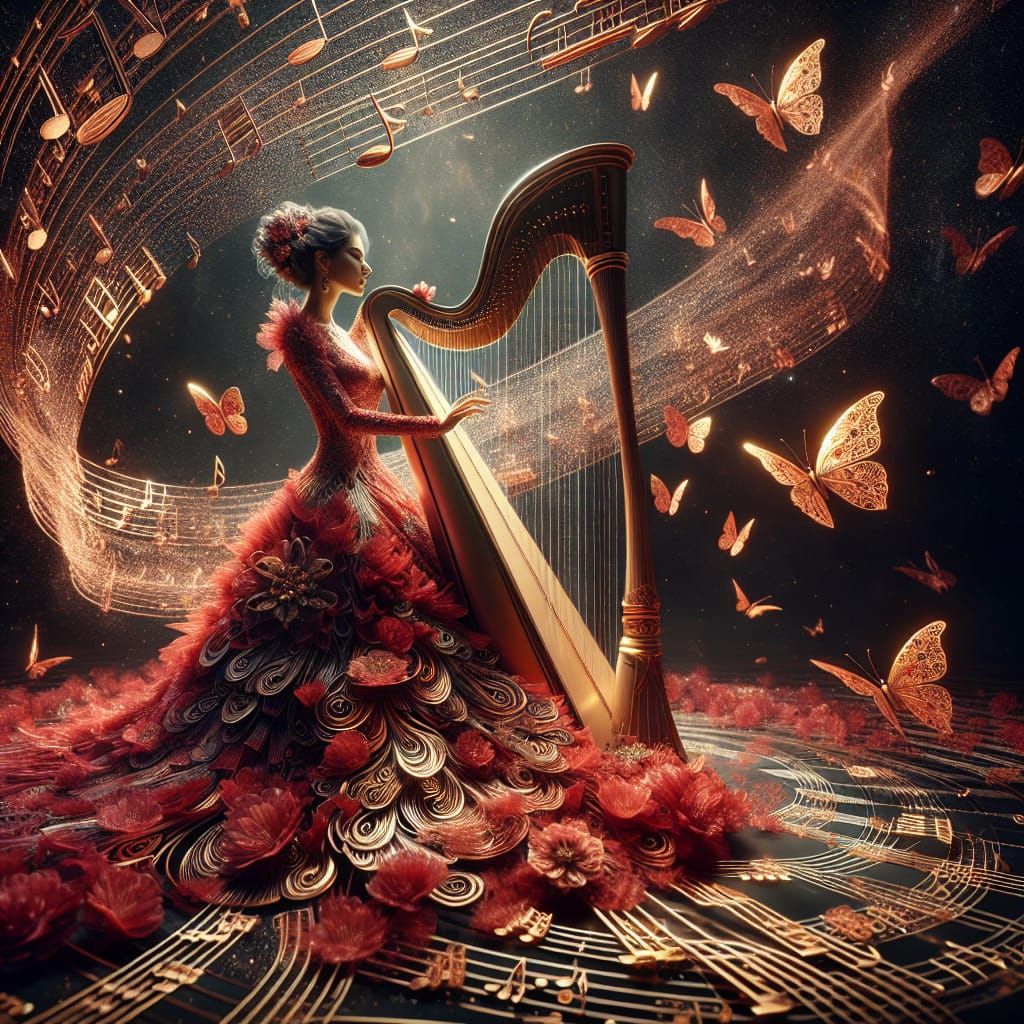 Middle Eastern Harpist in Crimson Symphony