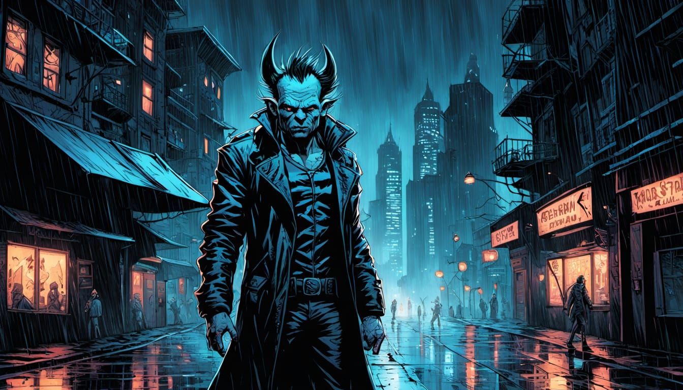 Cyberpunk Troll Walks Through Rain-Soaked City