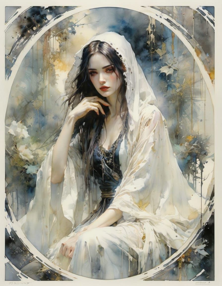 Goth Woman in Silk Robe, Watercolor Painting