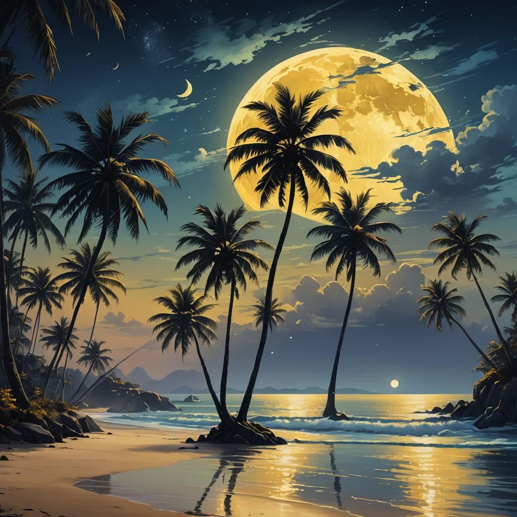 Tranquil Moonlit Coast with Palm Trees in Fantasy Art