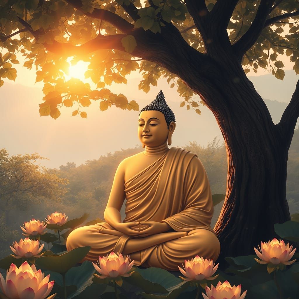 Buddha Meditating Under Bodhi Tree at Dawn