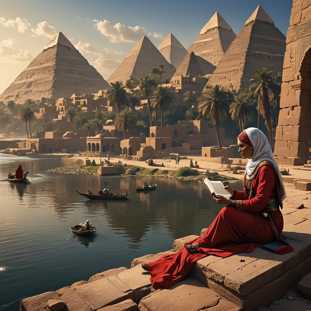 Muslim Girl Reading by Nile with Pyramids