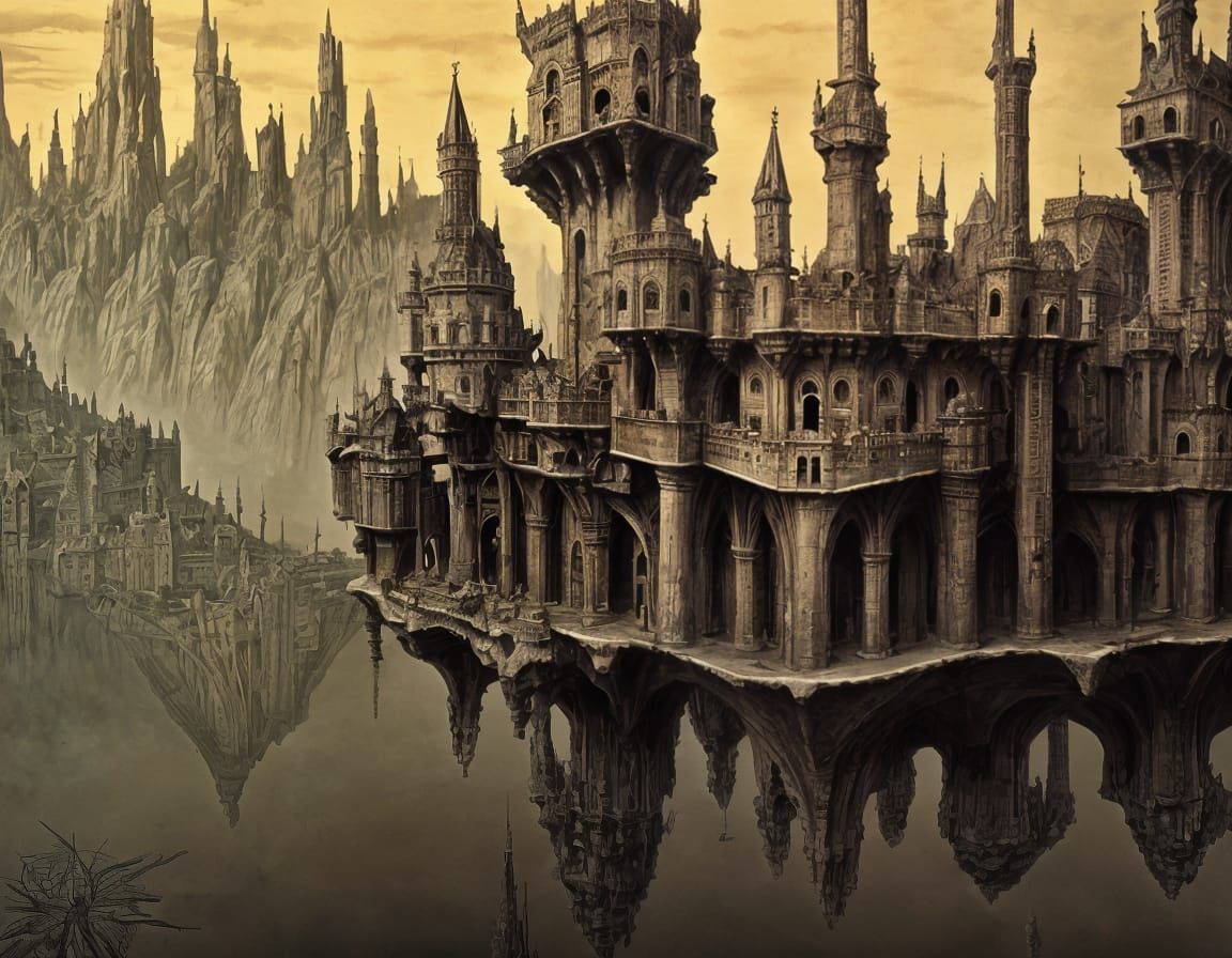 Mysterious Castle Hovers Amid Turbulent Moats in a Dreamlike...