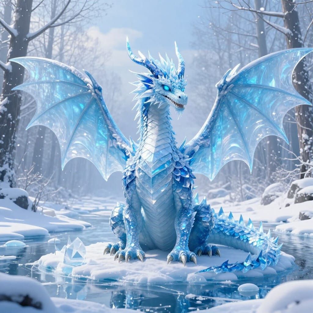 Majestic Blue Ice Dragon by Frozen River