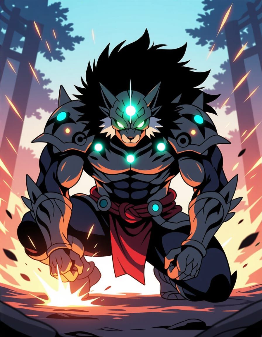 Anime Beast Warrior with Glowing Dots in Dynamic Stance