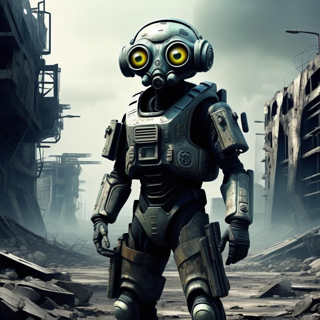 Alien Soldier in Ruined Sci-Fi Landscape