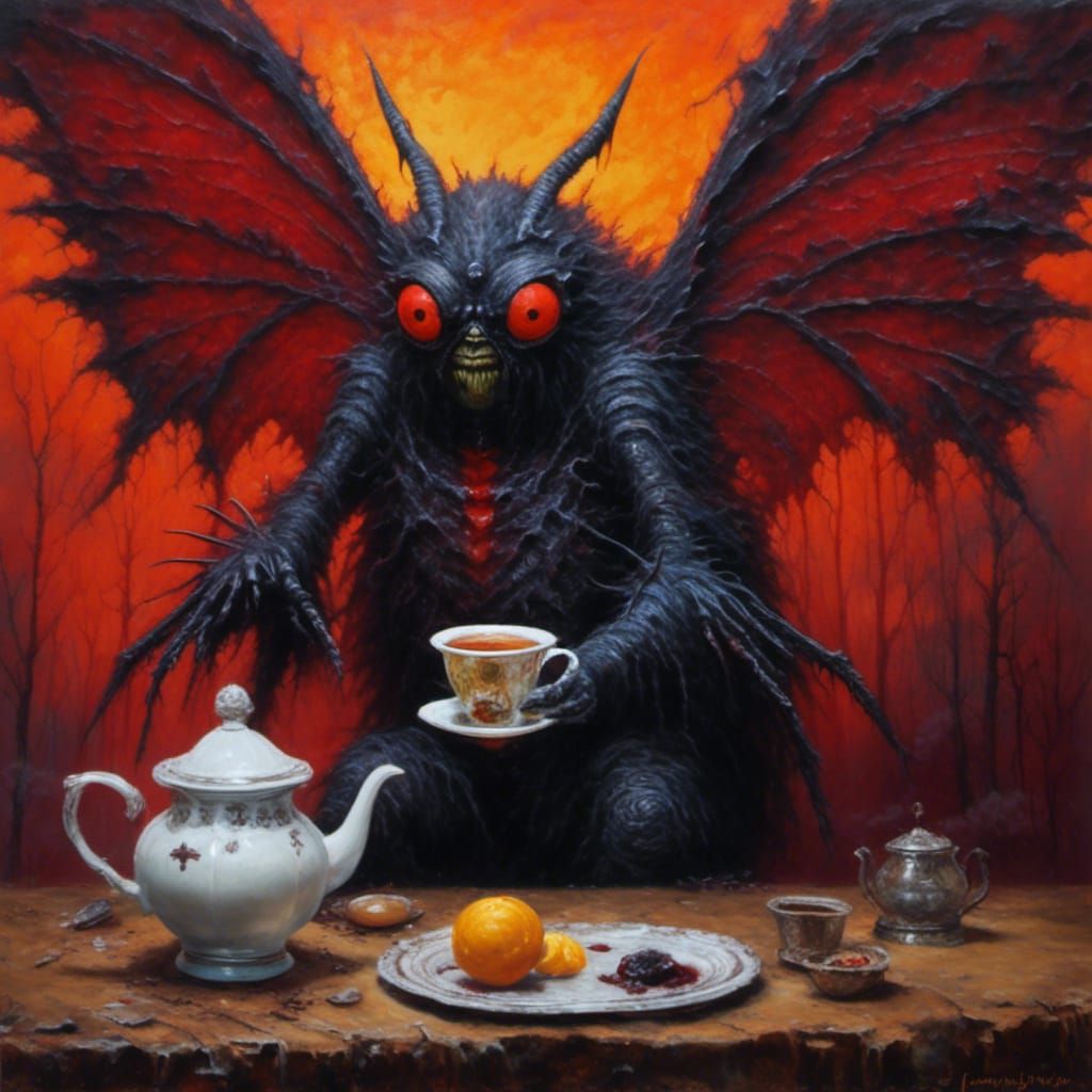 Mothman's Tea Time: An Oil Painting