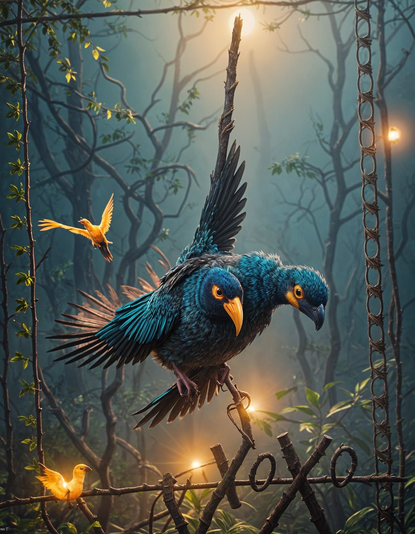 Fantastical Bird on Branch in Detailed Digital Painting
