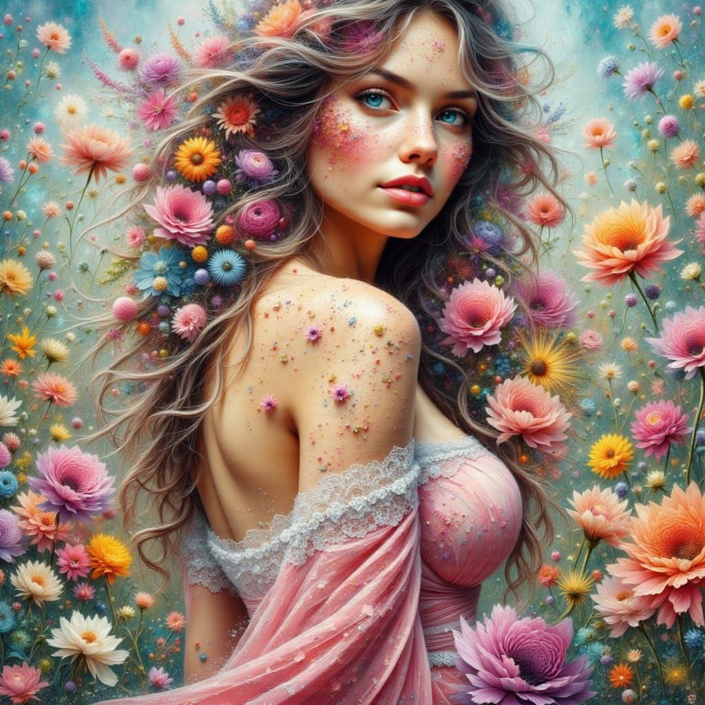 Vibrant Freckled Woman in Neo-Impressionistic Garden