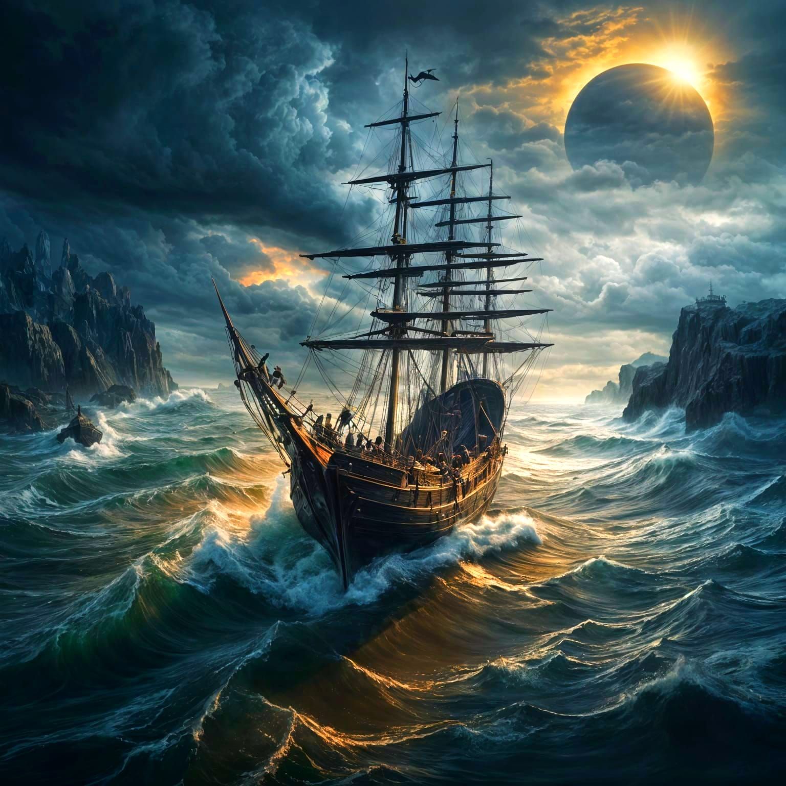 Surrealist Sailing Ship Confronts a Haunting Stormy Seascape