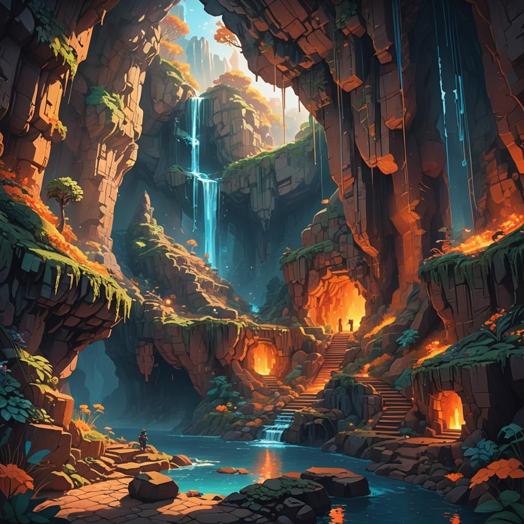 Pixelated Steve Explores a Blocky Cave