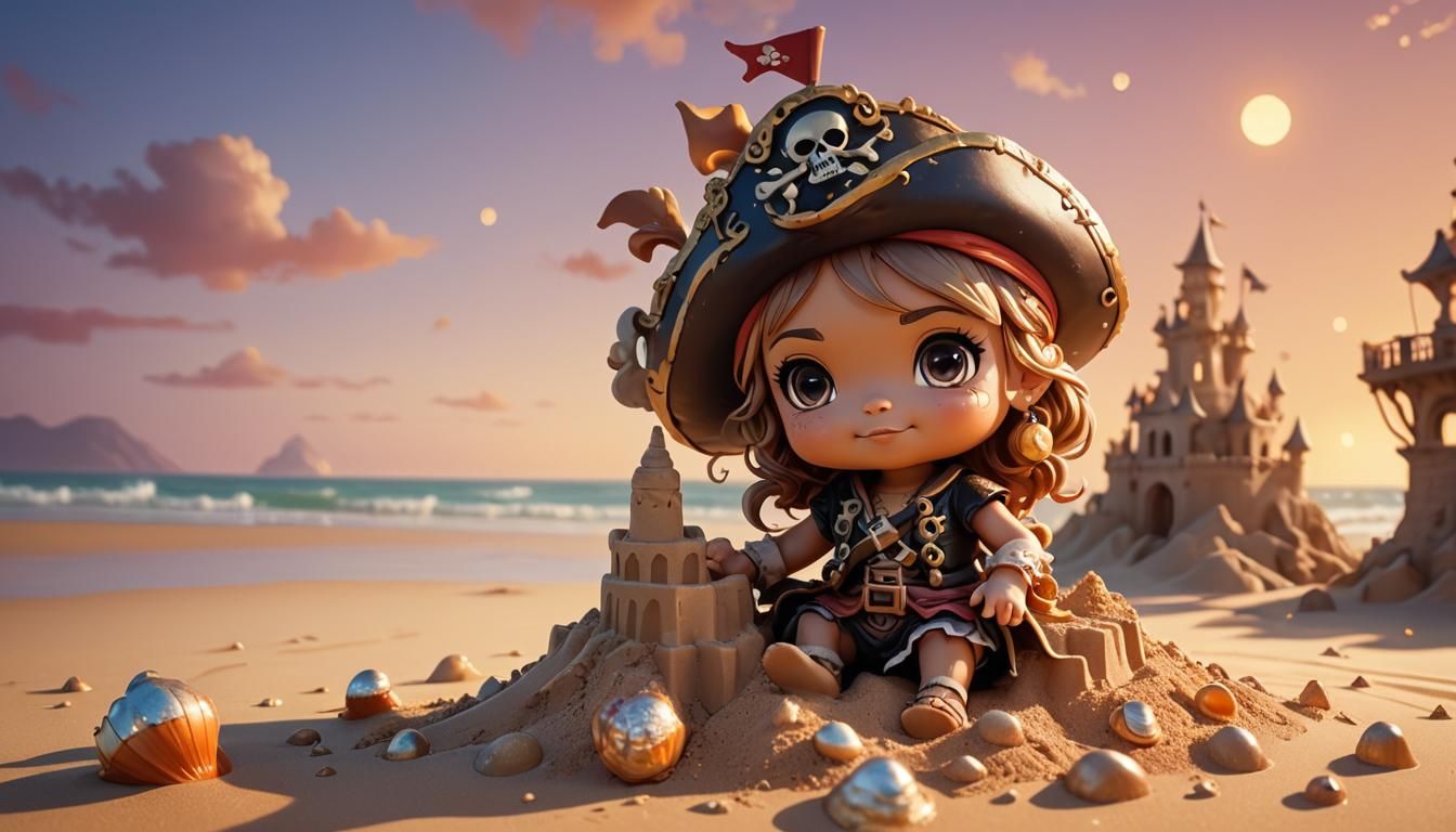 Chibi Pirate Girl's Dreamlike Sandcastle at Sunrise