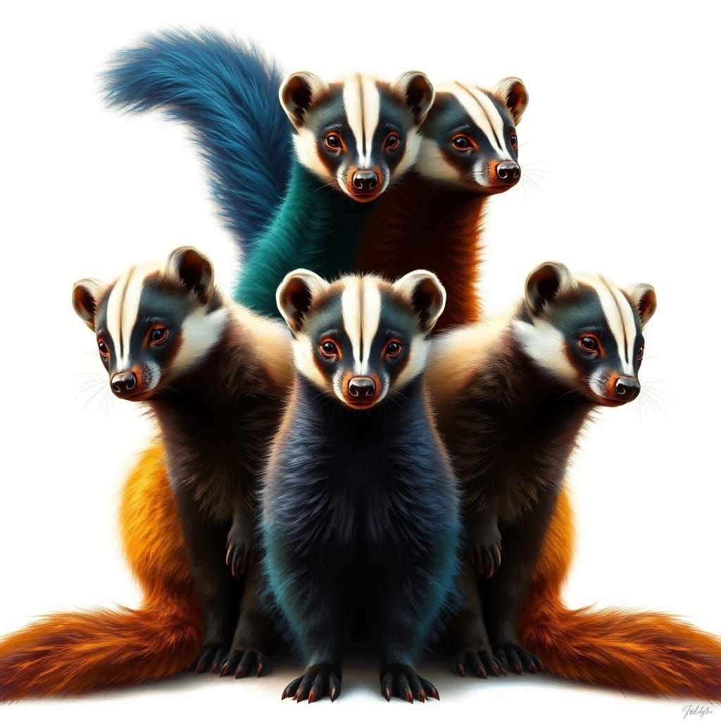 Whimsical Skunk Family Portrait in Vibrant Prism Formation