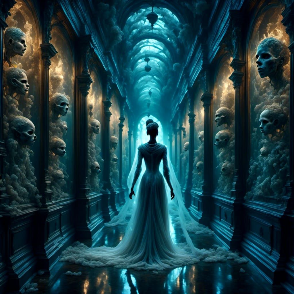 African Woman in Mask Walks Dark Corridor