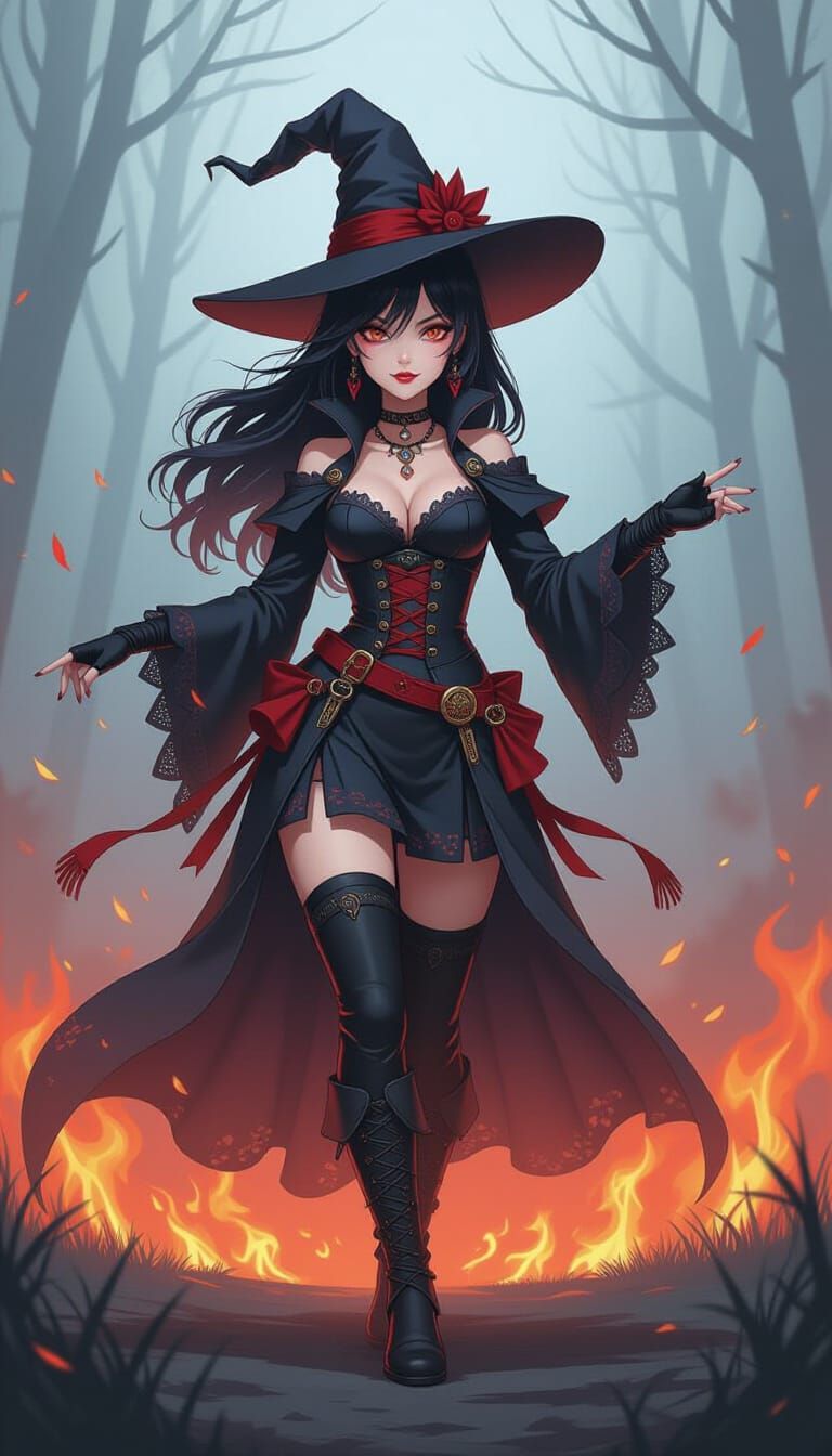 Semi-Cat Girl Witch Dances in Mystic Goth Style